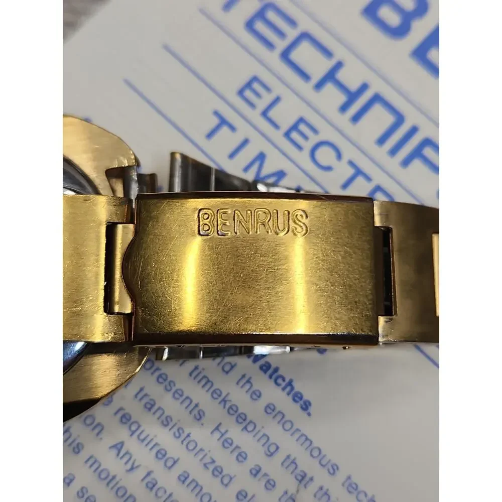 Vintage BENRUS Electronic Technipower Gold Tone Mens Watch, Box And Papers